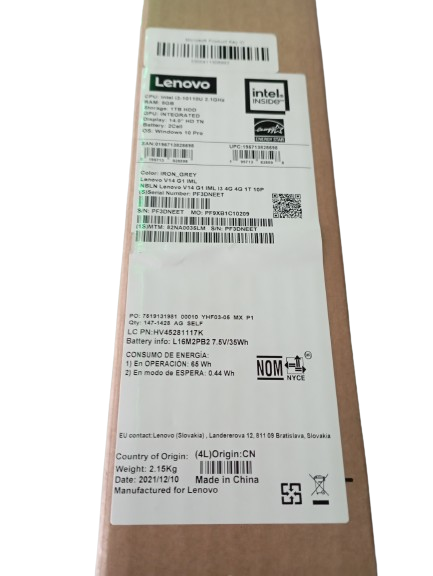 Laptop Lenovo V14-IML 14" HD Intel Core i3-10110U 2.10GHz 8GB 1TB HDD Windows 10 Pro 64-bit Español