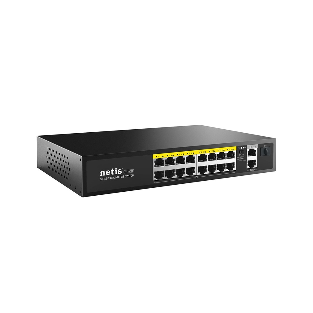 Switch Netis Fast Ethernet P116GH 16 Puertos PoE 10/100Mbps + 2 Puerto Uplink 200W 9.2 Gbit/s 8000 Entradas No Administrable 