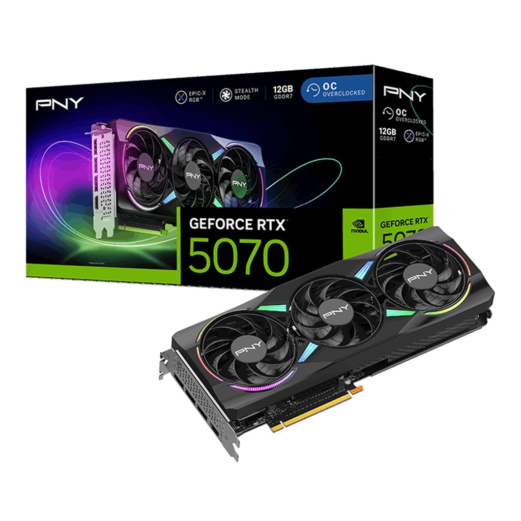 Tarjeta de video pny geoforce rtx 5070 triple fan argb oc 12gb gddr7 pcie 5.0 x16
