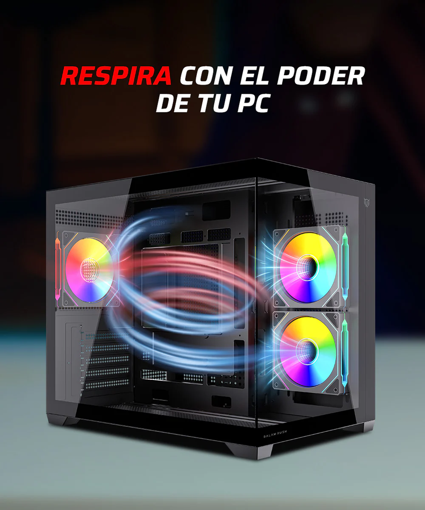 Gabinete balam rush gamer mini torre tank core pro gi925 / max mb m-atx sin fuente / 1x usb a 3.0 + 3xfan 120mm argb 4 pin / full cristal / negro