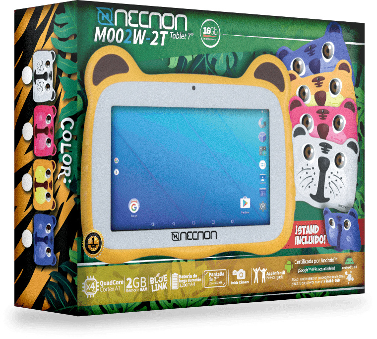 Tablet 7" necnon m002w-2t-az kids android 10 ram 2/16gb cam 0.3/2mp quadcore 1.8ghz tigre azul