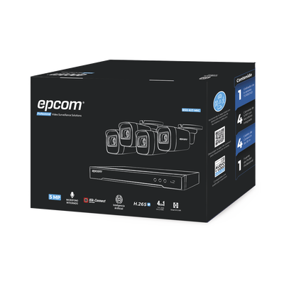 Kit de vigilancia epcom b50-kit-mic turbohd, dvr 4 ch, 4 camaras bala de 5 megapixeles con microfono integrado, 4 cables de 18m,