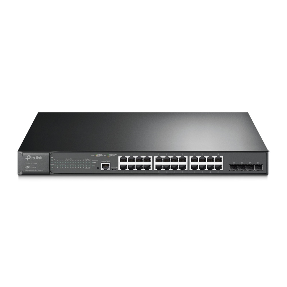 Switch tp-link tl-sg3428mp 24 puertos rj45 gigabit 10 100 1000 mbps poe+ administrable con 4 ranuras sfp 1 rj45 consola y 1 micr