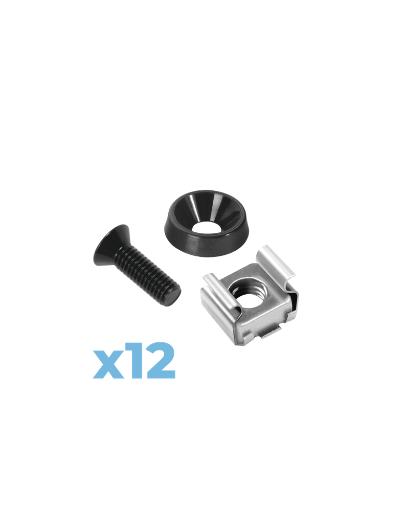 LinkedPRO Juego de 12 Tornillos con 12 Arandelas + 12 Tuercas Enjauladas para Rack