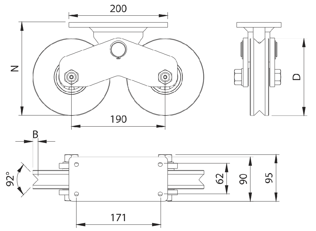  339v - rueda doble de 16 cm / capacidad para puertas de hasta 1920 kg / canal tipo v