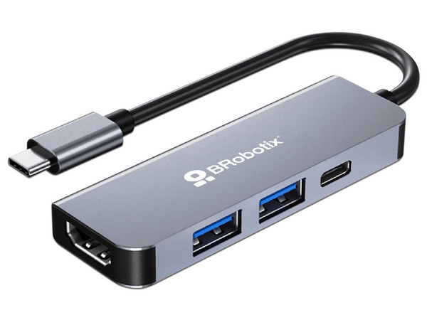 BRobotix Docking Station 4 en 1 USB C, 2x USB 3.0, 1x HDMI, 1x USB C, Plata