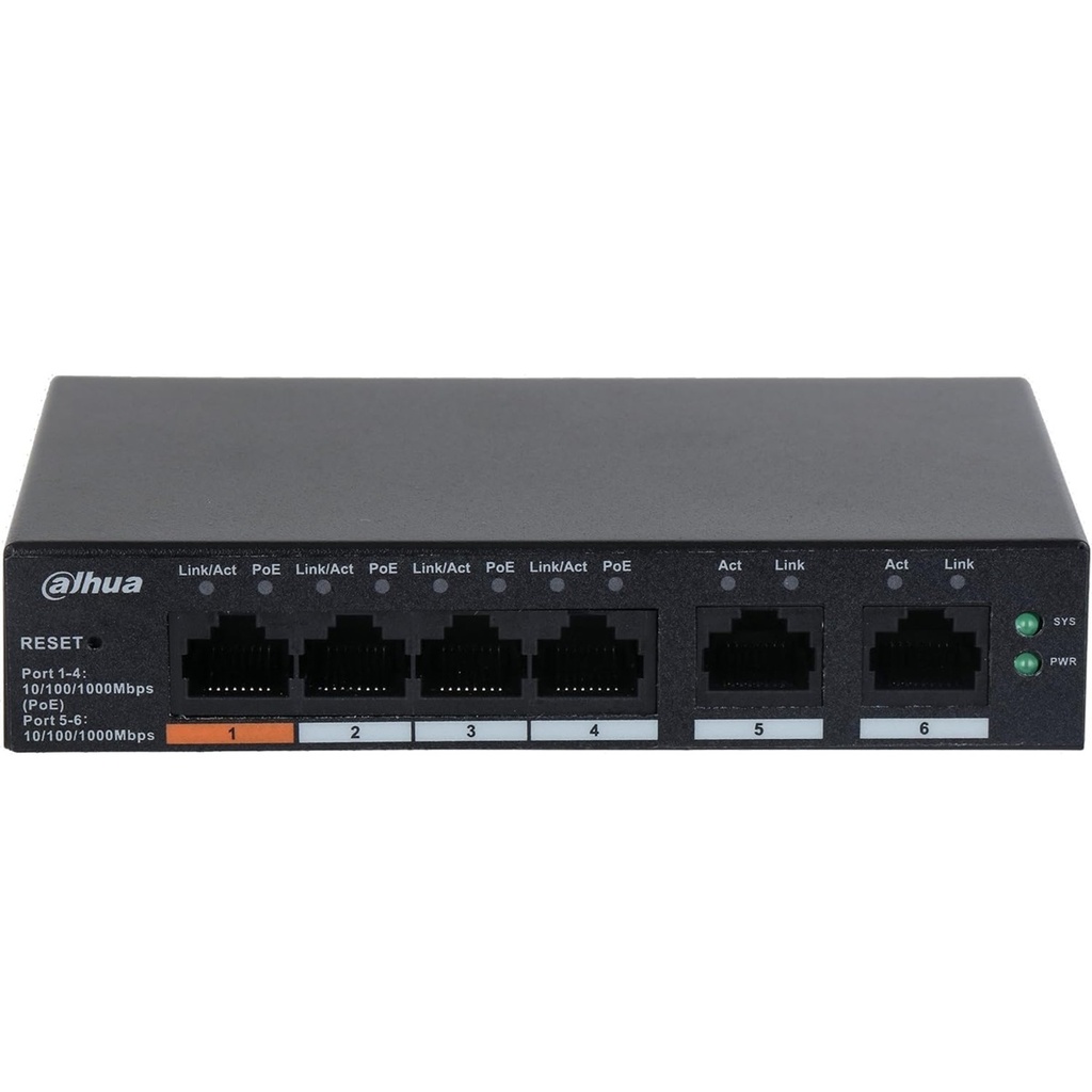 Switch Dahua Gigabit Ethernet CS4006-4GT-60 4 Puertos PoE 10/100/1000 + 2 Puertos Uplink 60W 12 Gbit/s 8000 Entradas Administrable