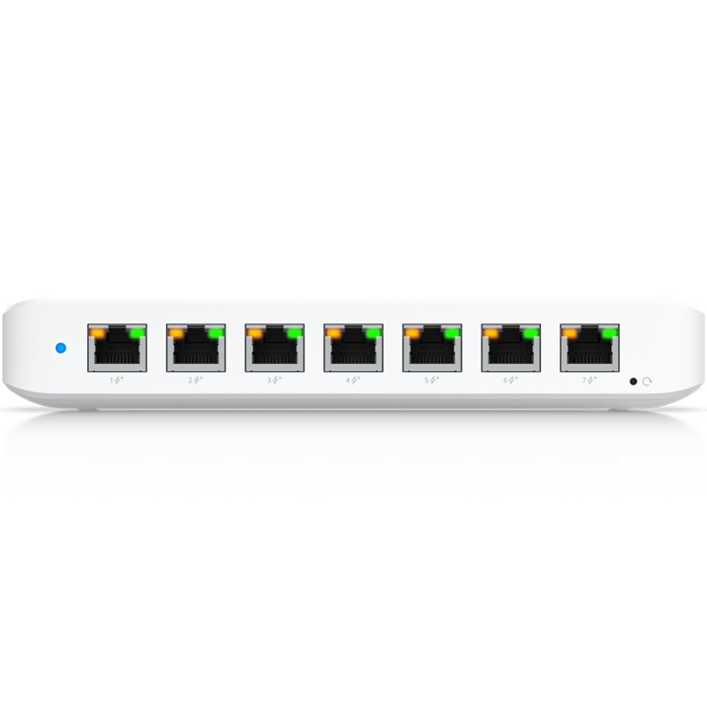 Switch de 8 Puertos GbE Ubiquiti USW Ultra 7 Puertos PoE+ y 1 Puerto Entrada PoE++ con Opciones de Montaje Versátiles