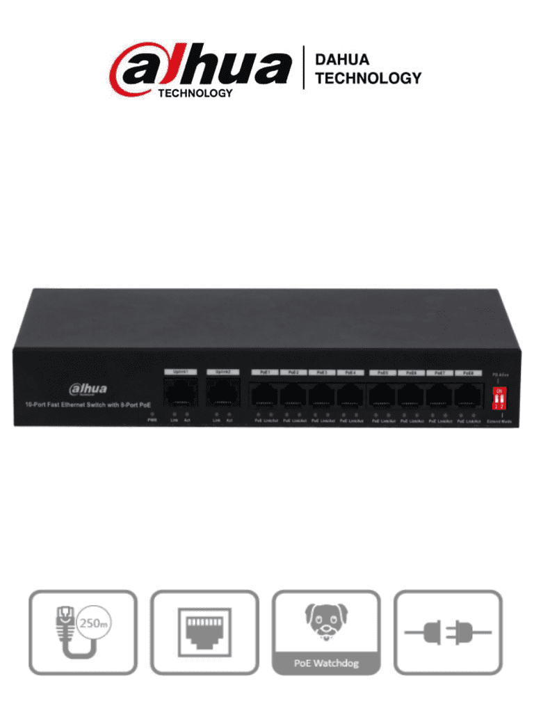Switch Poe de 10 Puertos Fast Ethernet DAHUA DH-PFS3 010-8ET-65 65 Watts Totales Soporta PoE Watchdog