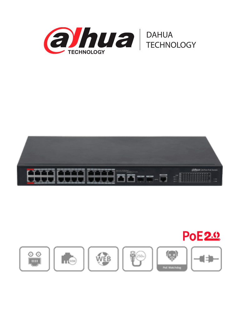 Dahua dh-pfs4226-24et-240  - switch  poe administrable de 26 puertos ethernet/ 24 puertos poe/ 240 watts totales/ interfaz web/ 