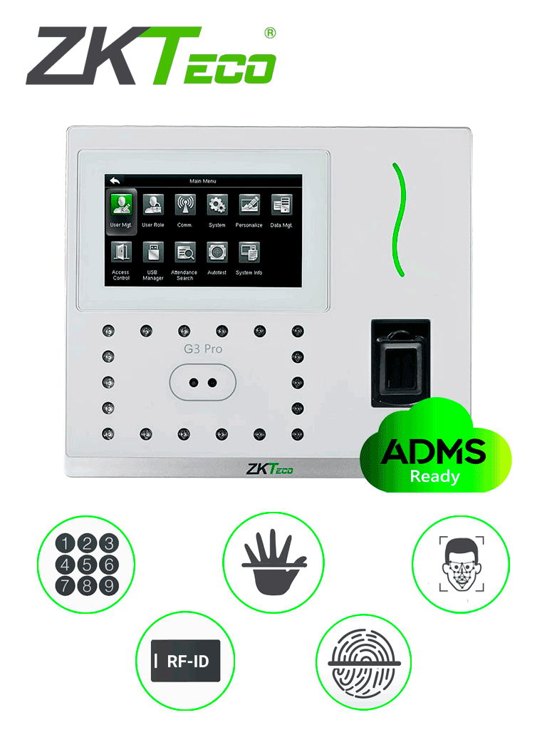 Zkteco g3pro - control de acceso y asistencia facial y palma / 12000 rostros / 20000 huellas silk id / 20000 tarjetas  id / 6000
