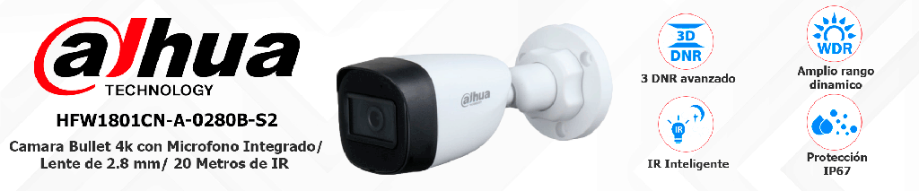 Camara dahua dh-hac-hfw1801cn-a bullet 4k con micrófono integrado/ 8 megapixeles/ lente de 2.8 mm/ 106 grados de apertura/ 30 metros de ir/ wdr real de 120 db/ soporta: cvi/tvi/ahd/cvbs/ #prohdcvi
