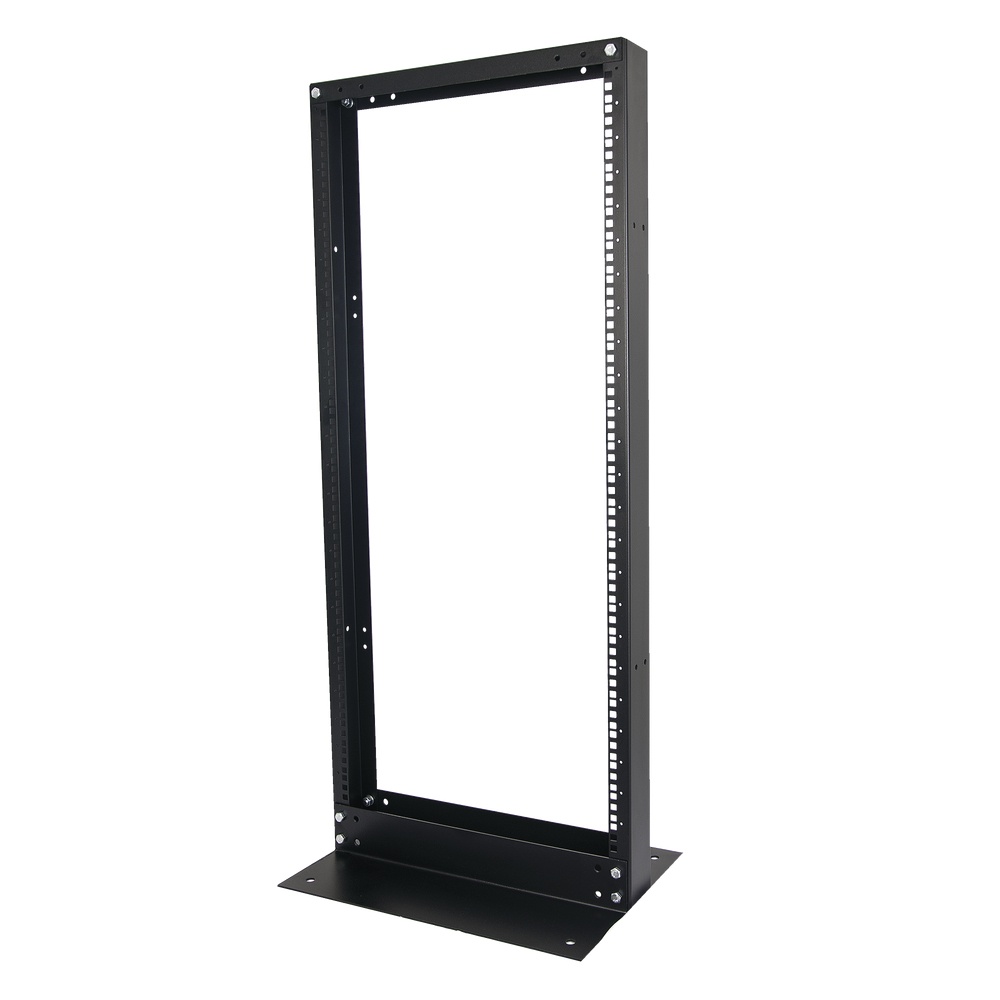 Rack de 2 postes, estándar 19", 24 unidades, fabricado en acero, base "l" para anclar a piso.