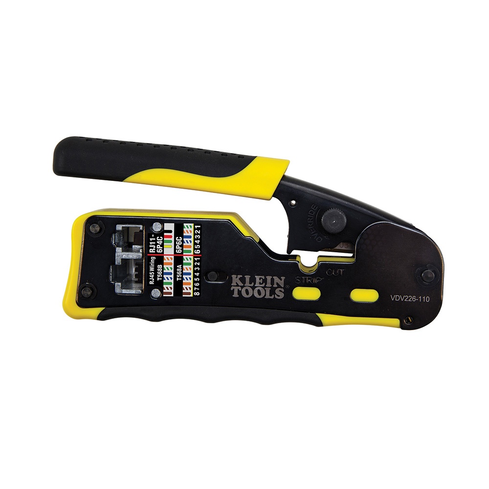 Ponchadora/pelacables/cortacables con matraca para conectores pass-thru rj45 y conectores estándar rj11/rj12.