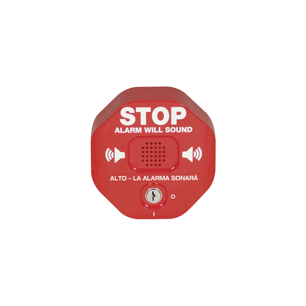 Anunciador audible para salida de emergencia de doble hoja, texto en inglés y etiquetas en múltiples idiomas