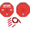 Anunciador audible para salida de emergencia de doble hoja con sirena remota, color rojo y texto en inglés