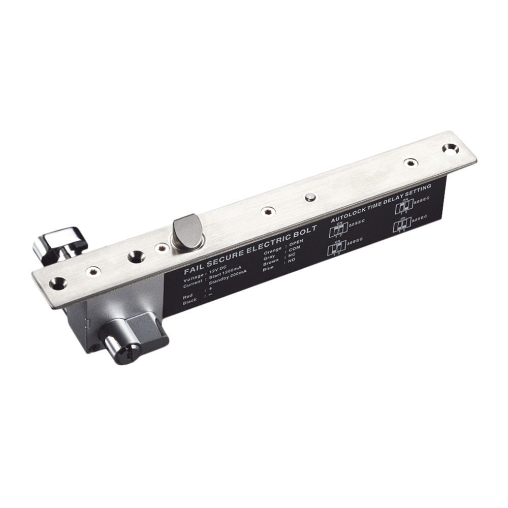 Cerradura eléctrica de perno deslizable, cerrada en caso de falla (fail secure), apertura con llave en caso de emergencia