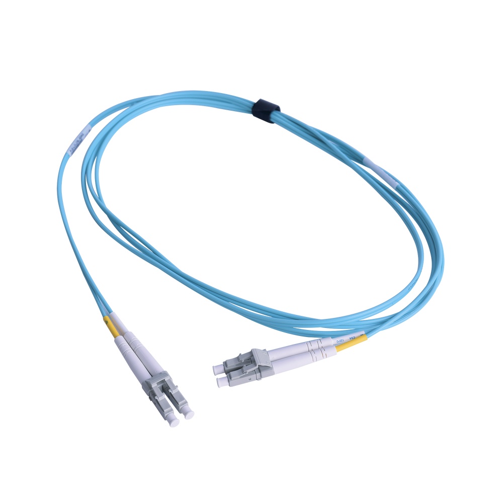 Jumper de fibra óptica multimodo 50/125 xglo om3, lc-lc duplex, ofnr, color aqua, 2 metros
