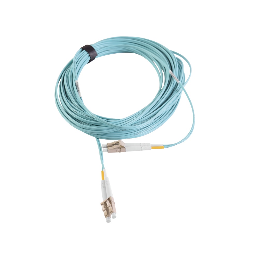 Jumper de fibra óptica multimodo 50/125 xglo om3, lc-lc duplex, ofnr, color aqua, 15 metros