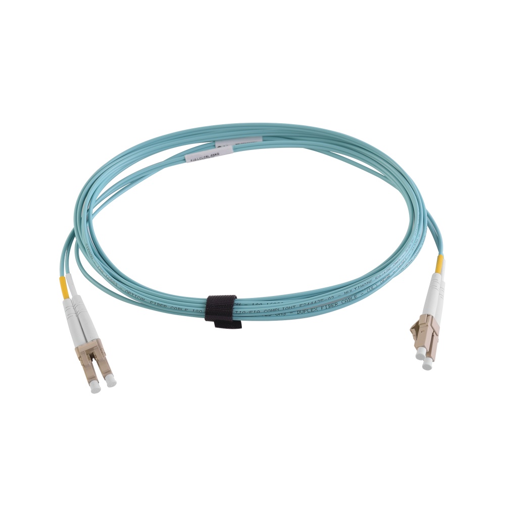 Jumper de fibra óptica multimodo 50/125 xglo om4, lc-lc duplex, ofnr, color aqua, 3 metros