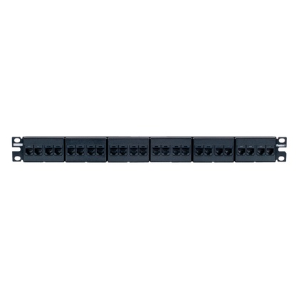 Panel de parcheo con 24 acopladores mini-com, plano, categoría 5e, de 1 ur, color negro 