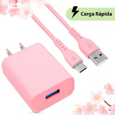 [ACC702171] Combo brobotix cargador de pared + cable usb-a a usb-c, carga rapida, 18w, color rosa