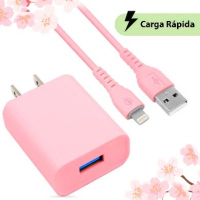 [ACC702173] Combo brobotix cargador de pared + cable usb-a a lightning, carga rapida, 18w, color rosa