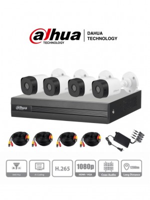 [SEC96011] Kit de vigilancia dahua, dvr 4 canales xvr1b04, 4 camaras b1a21n 1080p/2mp, fuente de poder 12v 1.5a, 1 cable divisor 1-4, 4 cab