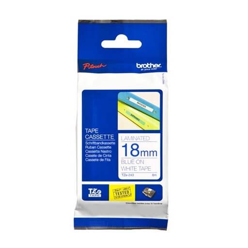 [PRI6504] Cinta Brother TZ-243 Laminada Azul Sobre Blanco 18mmx8m PT300/310B/330/530