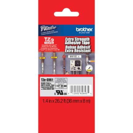 [PRI6516] Cinta aluminio brother tzes951 extra resistente texto negro sobre fondo plateado mate 36mmx8m