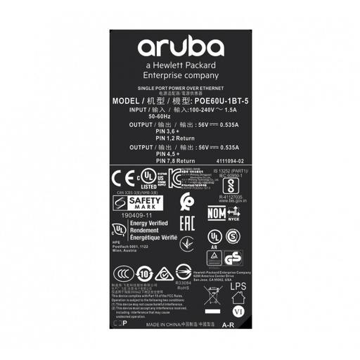 [ACC703162] Inyector poe hpe aruba r1c73a ap-poe-btsr 1 puerto smart rate 802.3bt midspan de 60w