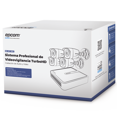 [SEC96541] Kit de videovigilancia epcom b8-kit-mic, dvr 4 canales, 4 camaras tipo bala 1080p metal, microfono, ip66, incluye 4 cables 18m, 