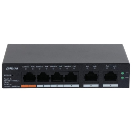 [NET30365] Switch Dahua 6 Puertos Gigabit Ethernet 4 Puertos Poe 10/100/1000 + 2 Puertos Uplink 60w 12 Gbit/s