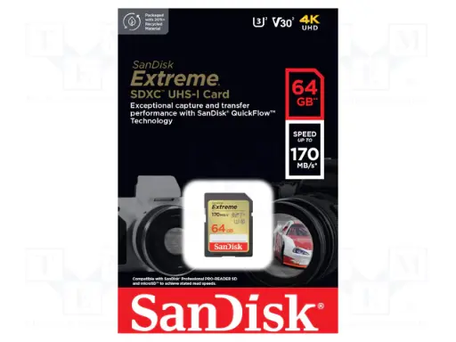 [SNR87834] Memoria sandisk sdxc 64gb extreme 170mb s 4k clase 10 u3 v30 (sdsdxv2-064g-gncin)
