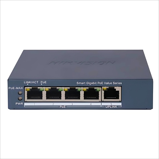 [SEC100499] Switch gigabit poe+ / administrable / 4 puertos 10/100/1000 mbps poe+ / 1 puerto 10/100/1000 mbps uplink / configuración nube hik-partnerpro / modo extendido hasta 300 metros / 45 watts