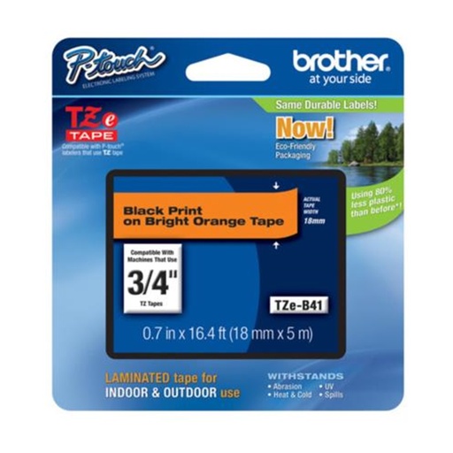[PRI7346] Cinta Brother TZEB41 Laminada Negro Sobre Fondo Naranja 18mmx8m PT300/310B/330/530