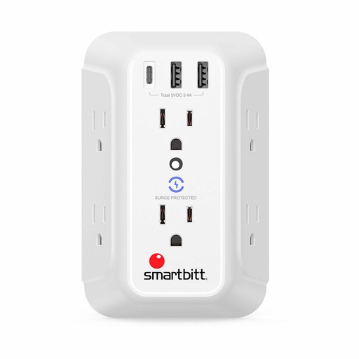 [POW54364] Supresor de Picos de Pared Smartbitt SBSS-BW6-3U 6 Contactos 3x USB 1480J 120V