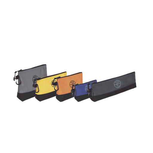 [TOO1187] Kit 5 bolsos ultra resistentes para herramientas con base y cierre zipper, colores: gris claro, amarillo, naranja, azul, gris oscuro. todos con mosquetones de aluminio.