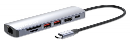 [SEC103968] Manhattan Hub USB-C Macho - 2x USB-A, 1x USB-C, 1x HDMI 1x RJ-45, 1x SD, 1x, Micro SD, Gris