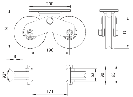 [SEC104165]  339v - rueda doble de 16 cm / capacidad para puertas de hasta 1920 kg / canal tipo v