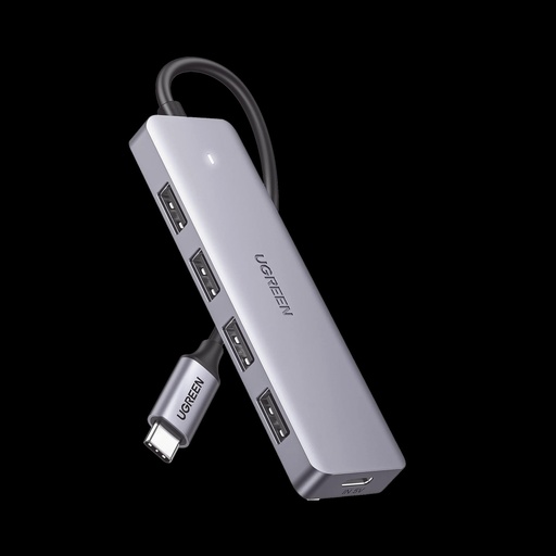 [SEC105157] Hub usb-c 3.0 4 en 1 | 4 puertos usb-a (5gbps) | carcasa abs + pc | soporta otg | luz indicadora led | compatible con iphone 15 pro max) | interfaz niquelada | color gris metalizado | cable de 15cm.