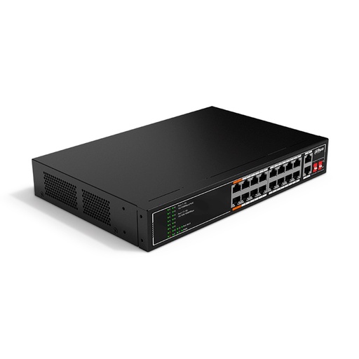 [NET34618] Switch Dahua Fast Ethernet SF1018LP 18 Puertos 16 Puertos PoE 10/100Mbps + 2 Puertos Uplink 7.2 Gbit/s 