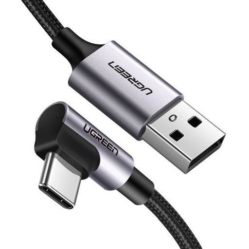 [WIR88371] Cable usb-a a usb-c | 2 metros | conector con ángulo recto de 90° | carga rápida de hasta 60w | 480 mbps | pd3.0 | qc /3.0/2.0 | fpc | afc | protección integrada| caja de aluminio | nylon trenzado | color negro.