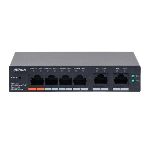 [NET303193] Switch Dahua DH-CS4006-4ET2ET-60 6 Puertos PoE 10/100 Mbps 2 Puertos Uplink