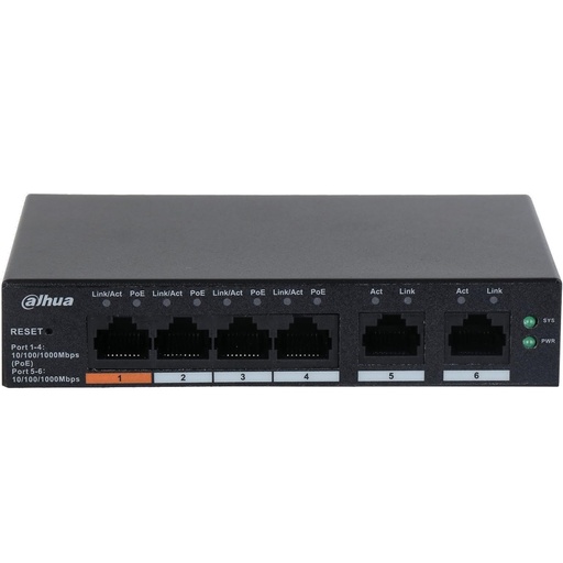 [NET303208] Switch Dahua Gigabit Ethernet CS4006-4GT-60 4 Puertos PoE 10/100/1000 + 2 Puertos Uplink 60W 12 Gbit/s 8000 Entradas Administrable
