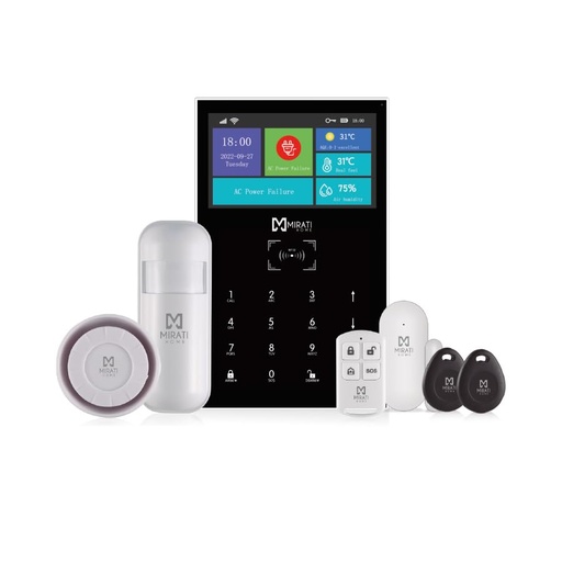 [SEC106609] Kit de alarma integral smarthome mirati wifi 4g panel tactil pantalla a color tamper switch incluye sirena, sensor de movimiento, sensor de puerta-ventana, 1 control, 2 tag rfid