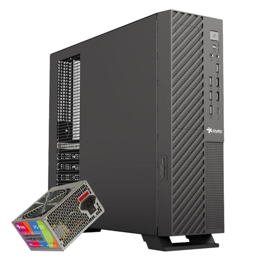 [ACC20122128] Gabinete Oficina Mince Slim ITX Stylos 4xUSB 2.0 2xUSB 3.0 1xTipo C Puerto 3.5mm Con Fuente de Poder 550W