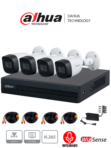 [AUD70015] Dahua kitxvr1b04-i+hfw1200cm-a- kit metálico de 4 canales 2 megapixeles con audio integrado/ wizsense/ 4 cámaras 1080p metal+aud