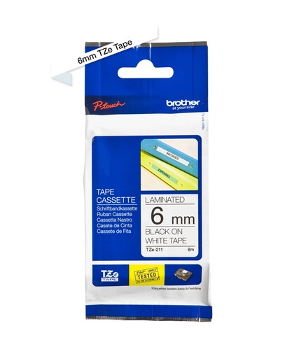[PRI42008] Cinta laminada brother estandar texto negro sobre cinta blanca de 6mm x 8m