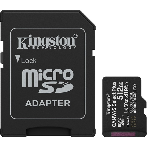 [SNR139542] Memoria Flash Kingston Canvas Select Plus Gen 3 512GB MicroSDXC UHS-I Clase 10 Con Adaptador
